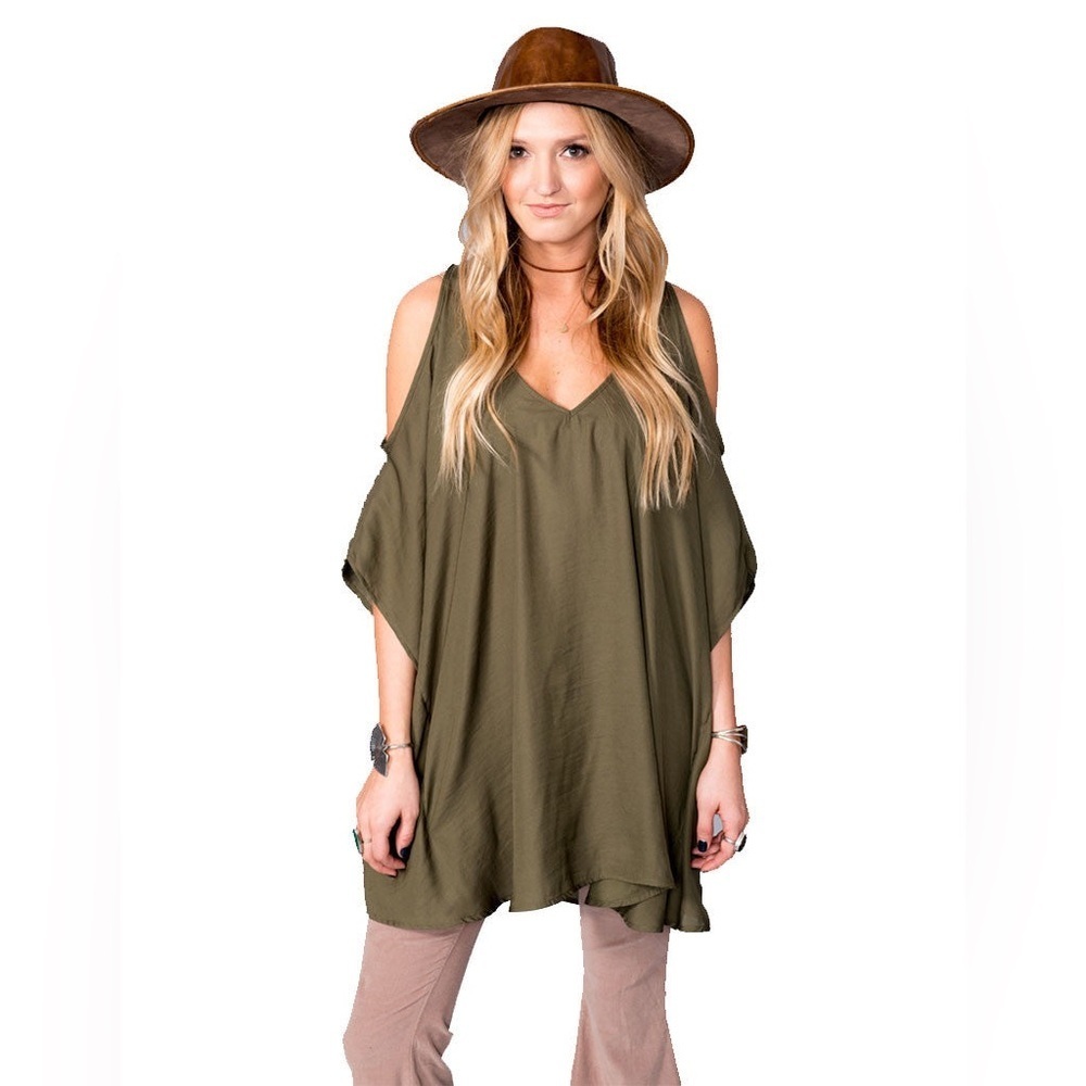 SHOW ME YOUR MUMU PETA-BOO TUNIC IN OLIVE SILKY SATIN MEDIUM